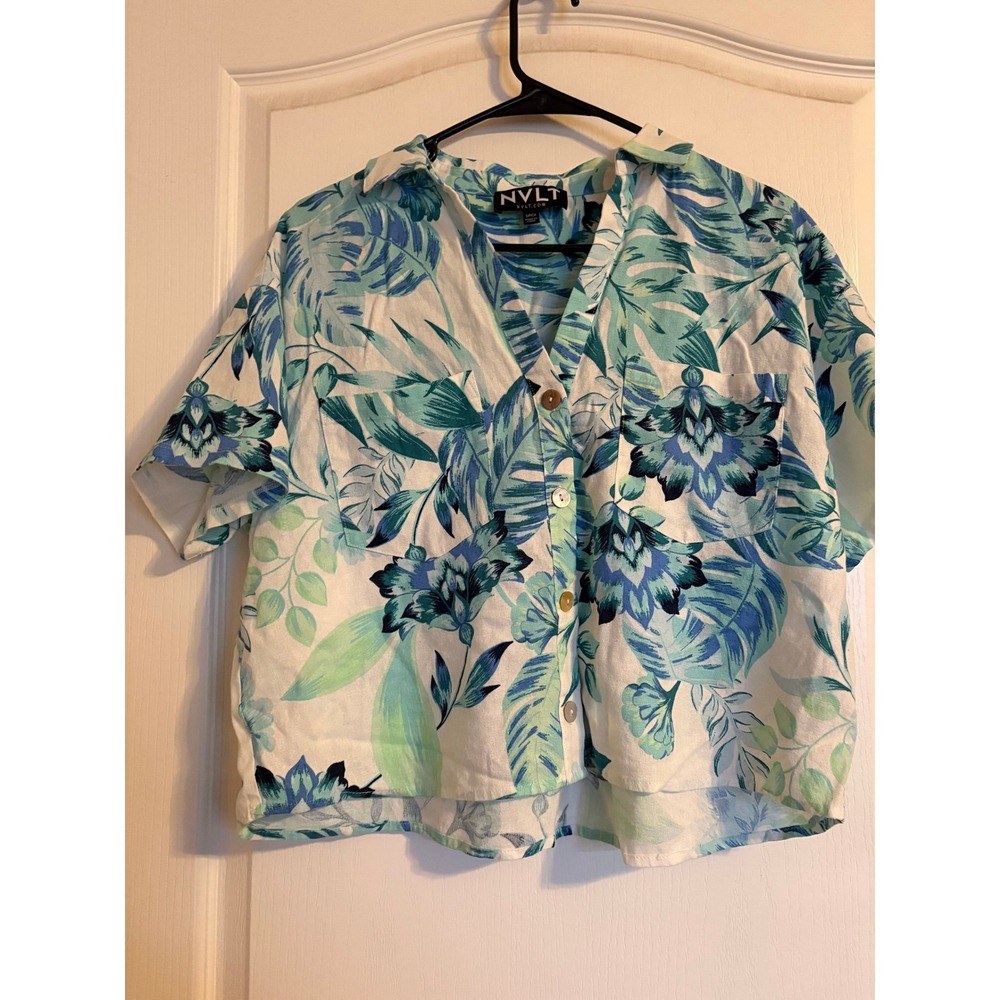 NVLT Womens Small Tropical Floral Linen‎ Blend Button Down Shirt Blue Green Palm